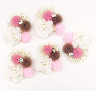 Hand Embroidered White, Pink And Brown Floral Applique, 2 Pcs
